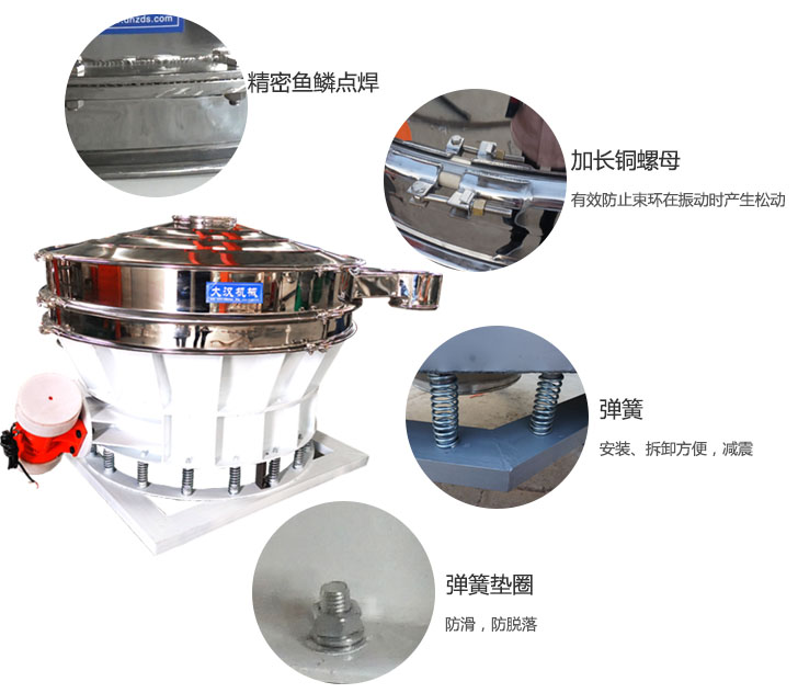 1500直排篩細(xì)節(jié)展示：彈簧，彈簧墊圈，加長銅螺母。