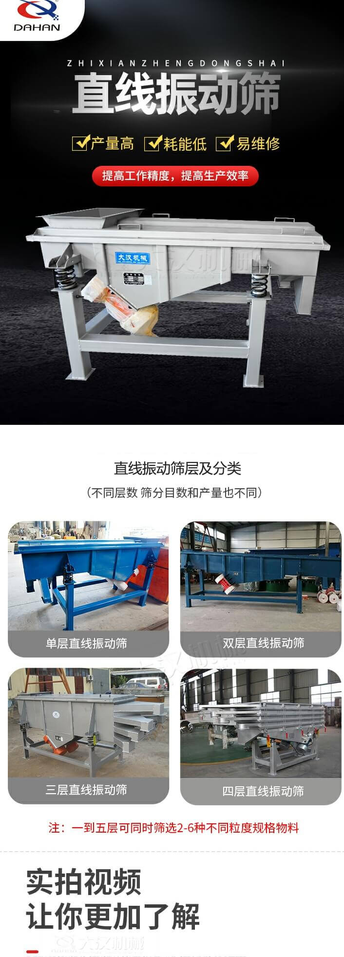 直線振動篩概述，產(chǎn)量高，耗能低，易維修，提高工作精度，提高生產(chǎn)效率，直線振動篩層級分類：不同層數(shù)，篩分目數(shù)和產(chǎn)量也不同：單層，雙層，三層，四層等。